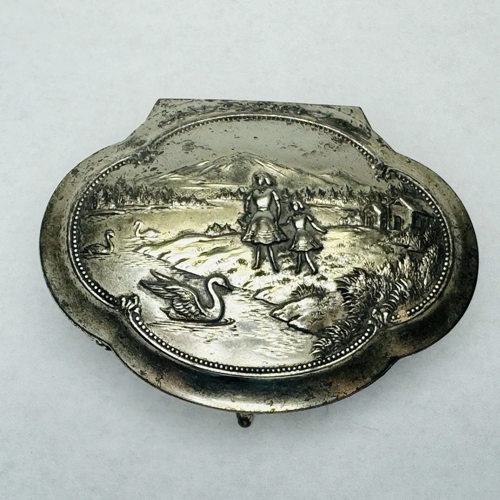 VTG Silver Metal Trinket Or‎ Jewelry Box Lined W/ Red Velvet And An Embossed Top